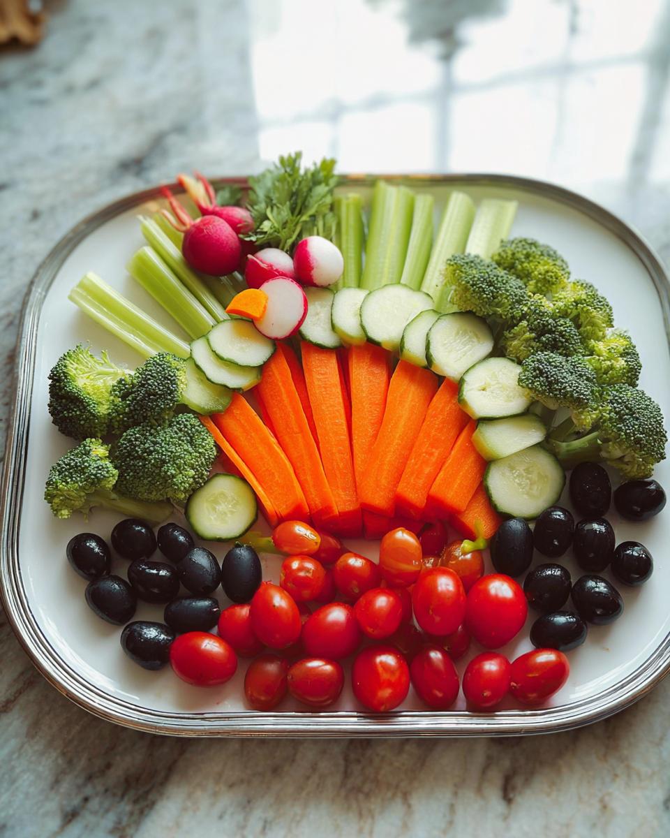 A colorful 5-Ingredient Thanksgiving Veggie Tray with broccoli, carrots, cucumbers, radishes, and olives.