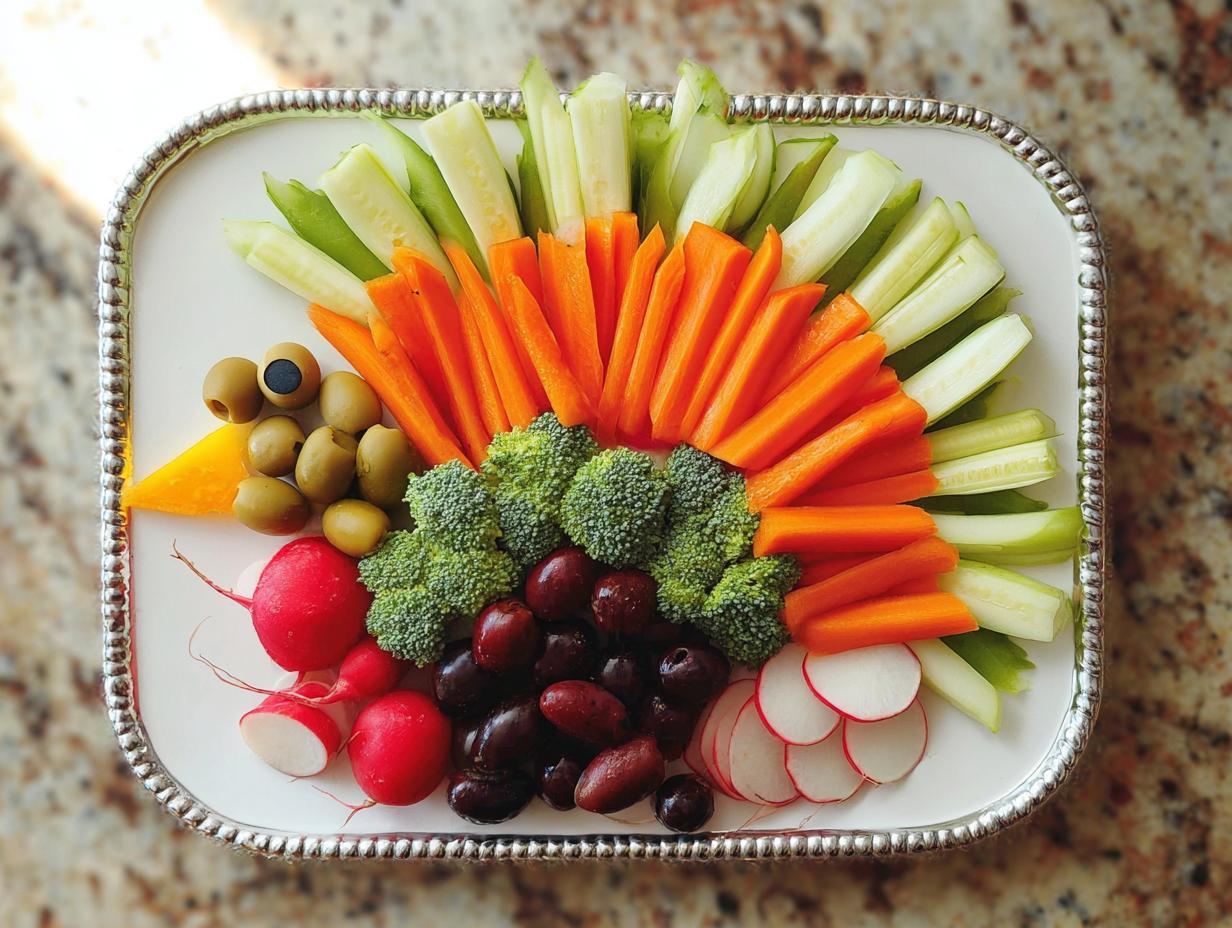 A festive 5-Ingredient Thanksgiving Veggie Tray arranged in a peacock shape with carrots, cucumber, broccoli, radishes, olives, and cheese.
