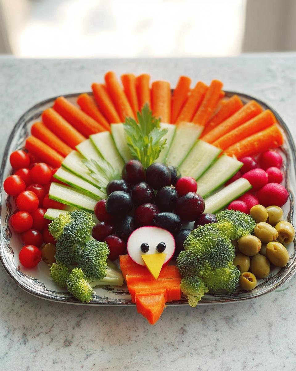 A fun turkey-shaped 5-Ingredient Thanksgiving Veggie Tray made with carrots, cucumber, grapes, broccoli, tomatoes, radishes, and olives.