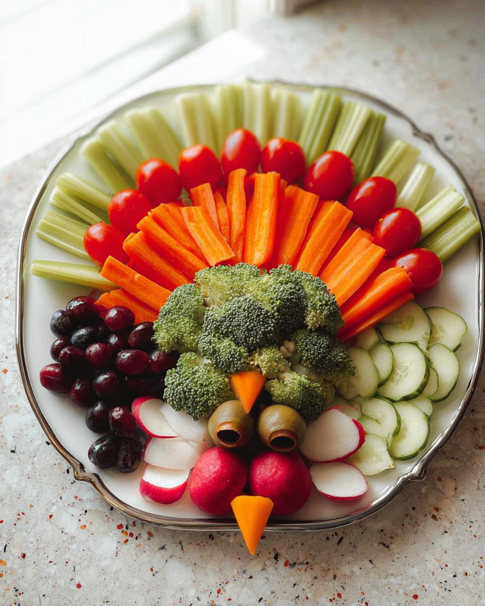 A festive 5-Ingredient Thanksgiving Veggie Tray arranged in the shape of a turkey, featuring carrots, celery, broccoli, tomatoes, cucumbers, radishes, olives, and grapes.