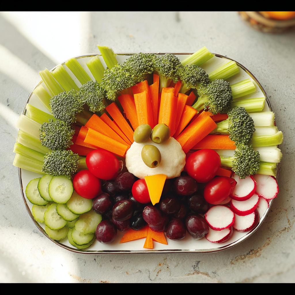A festive 5-Ingredient Thanksgiving Veggie Tray arranged in the shape of a turkey, featuring broccoli, carrots, celery, tomatoes, olives, and grapes.