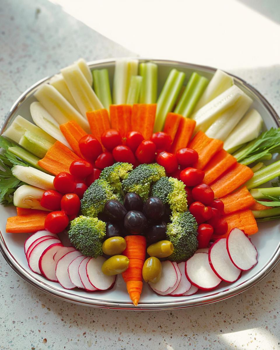 A vibrant 5-Ingredient Thanksgiving Veggie Tray featuring broccoli, carrots, celery, radishes, and tomatoes arranged artfully on a platter.