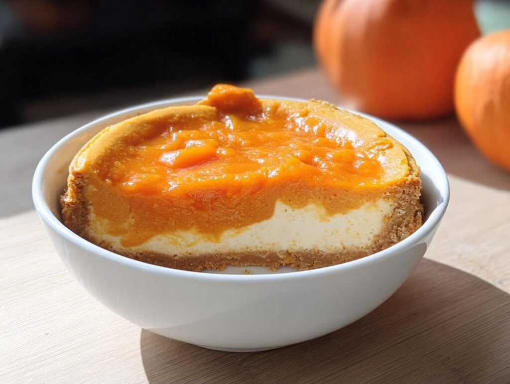 A single slice of pumpkin cheesecake in a white bowl, a perfect example of Best Thanksgiving Desserts.