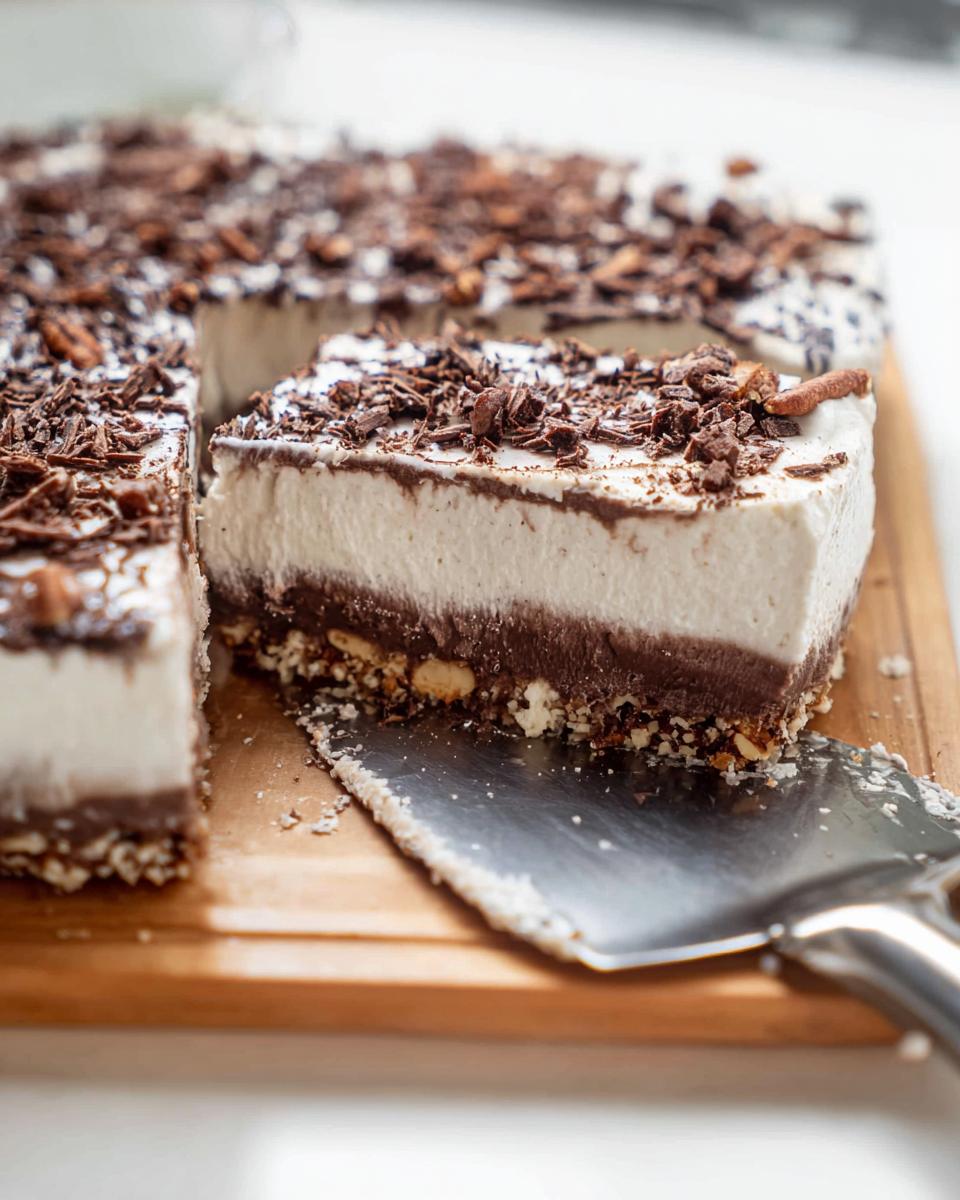 A slice of rich chocolate cheesecake with a creamy white topping, sprinkled with chocolate shavings, perfect for Thanksgiving desserts.