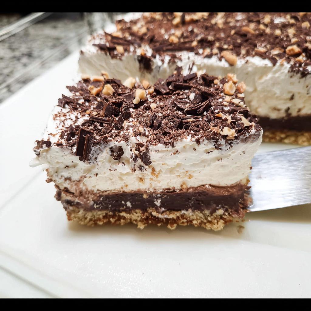 A slice of a rich chocolate layered Thanksgiving dessert, topped with whipped cream and chocolate shavings.