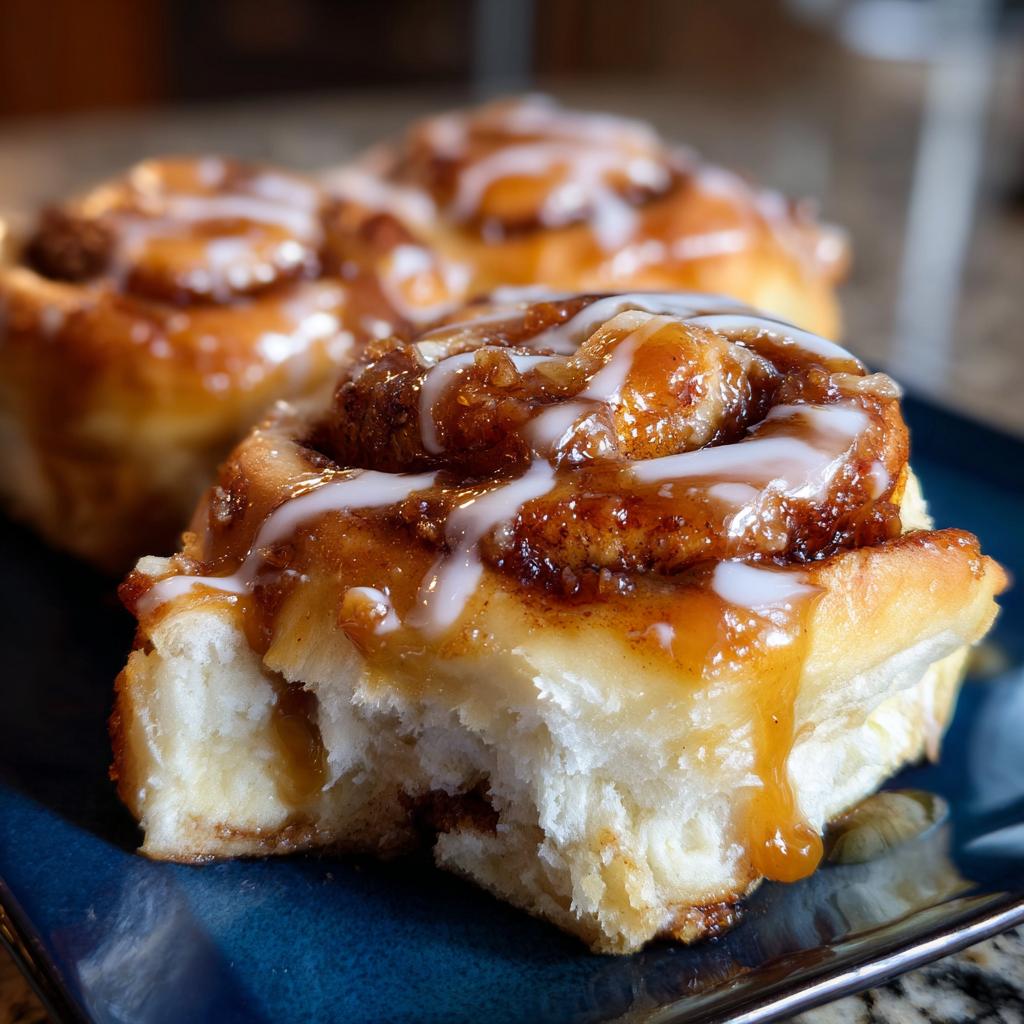 Close-up of a delicious Cinnabon caramel recipe roll with gooey caramel sauce and white icing.