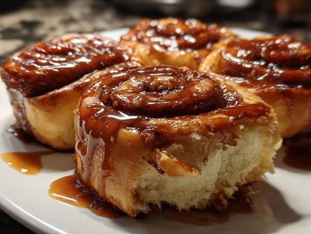 Close-up of fluffy cinnamon rolls generously drizzled with a rich caramel sauce, showcasing the cinnabon caramel recipe.