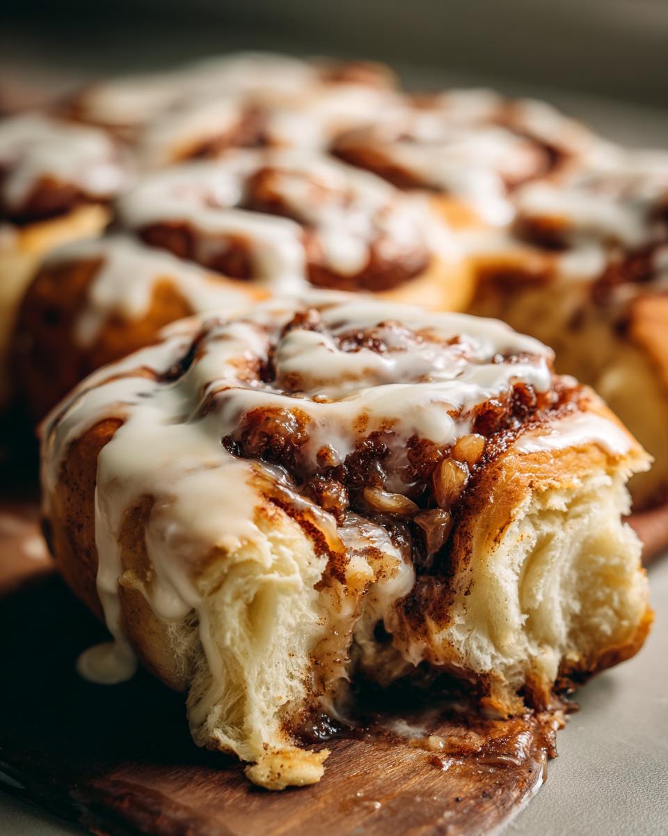Close-up of a Cinnabon caramel recipe cinnamon roll with gooey caramel filling and white icing.