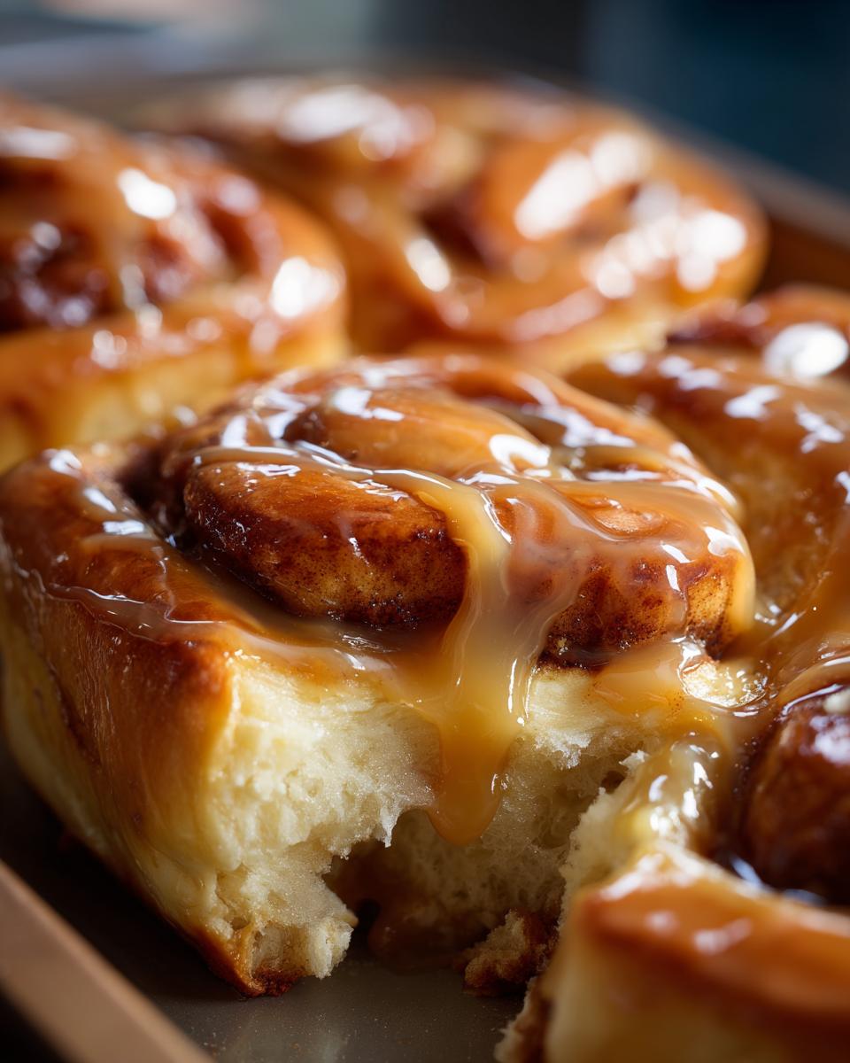 Close-up of gooey, caramel-drizzled Cinnabon rolls, one with a bite taken out, showcasing the soft, fluffy dough.