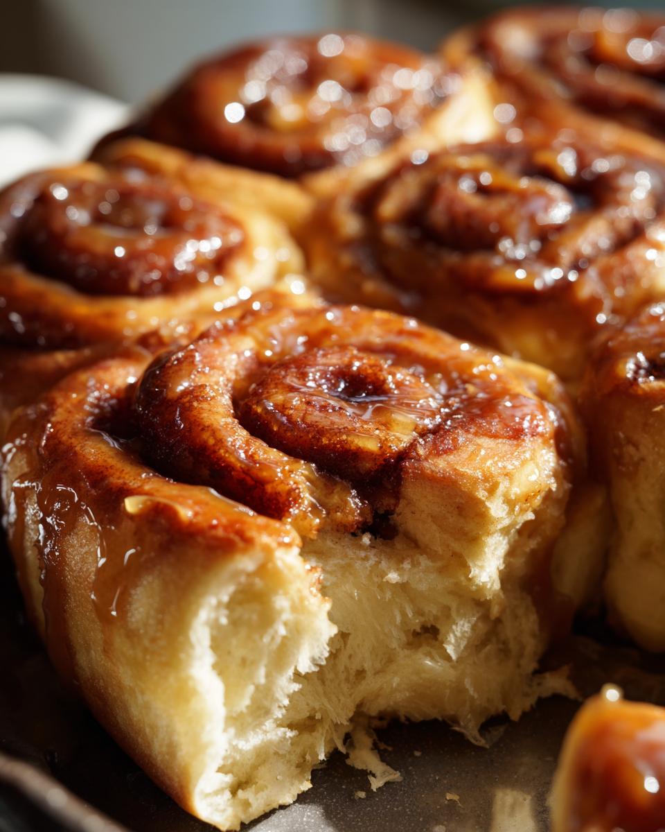 Close-up of a Cinnabon caramel recipe roll with a bite taken out, showing fluffy interior and gooey caramel glaze.