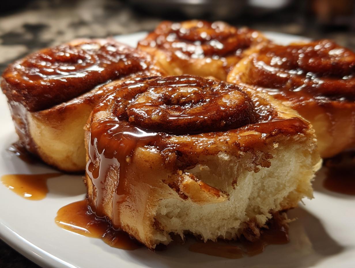 Close-up of fluffy cinnamon rolls generously drizzled with a rich caramel sauce, showcasing the cinnabon caramel recipe.