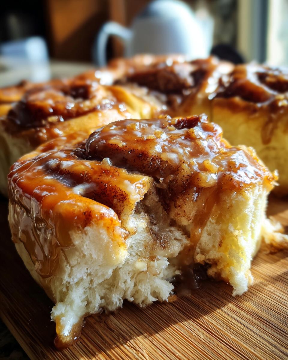 Close-up of a fluffy Cinnabon caramel roll with gooey caramel icing and a bite taken out.