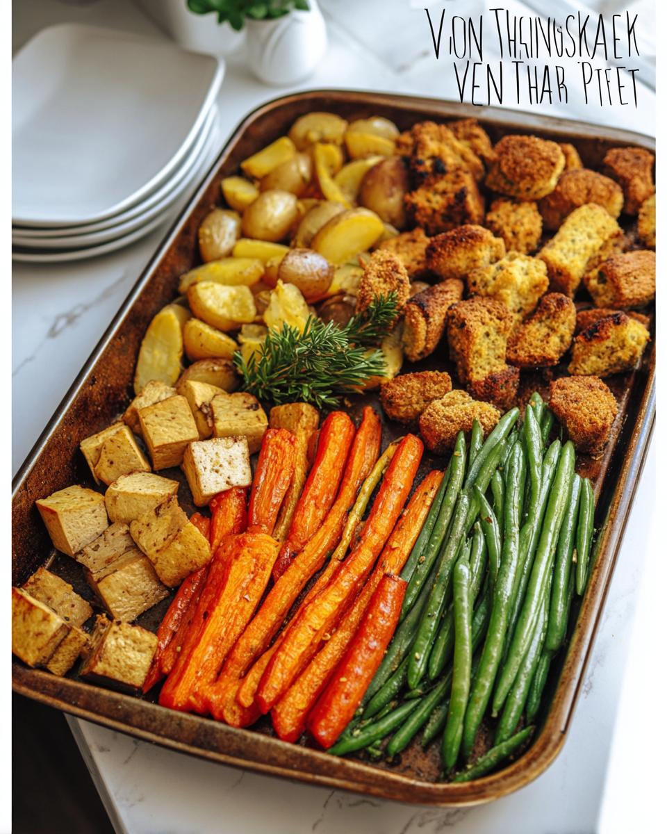 A colorful one-pan Thanksgiving veggie tray featuring roasted potatoes, carrots, green beans, tofu, and stuffing.