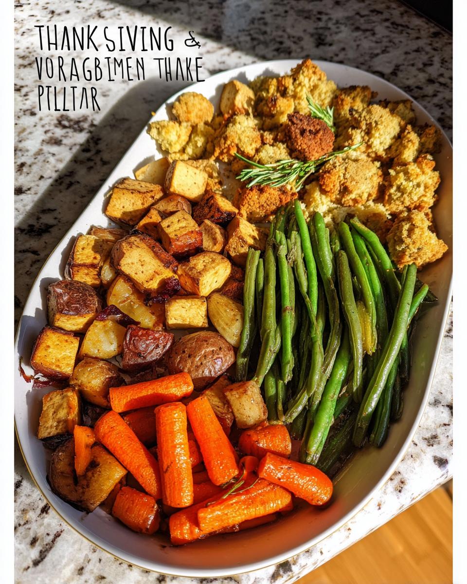 A festive One-Pan Thanksgiving Veggie Tray featuring roasted carrots, potatoes, green beans, tofu, and stuffing.