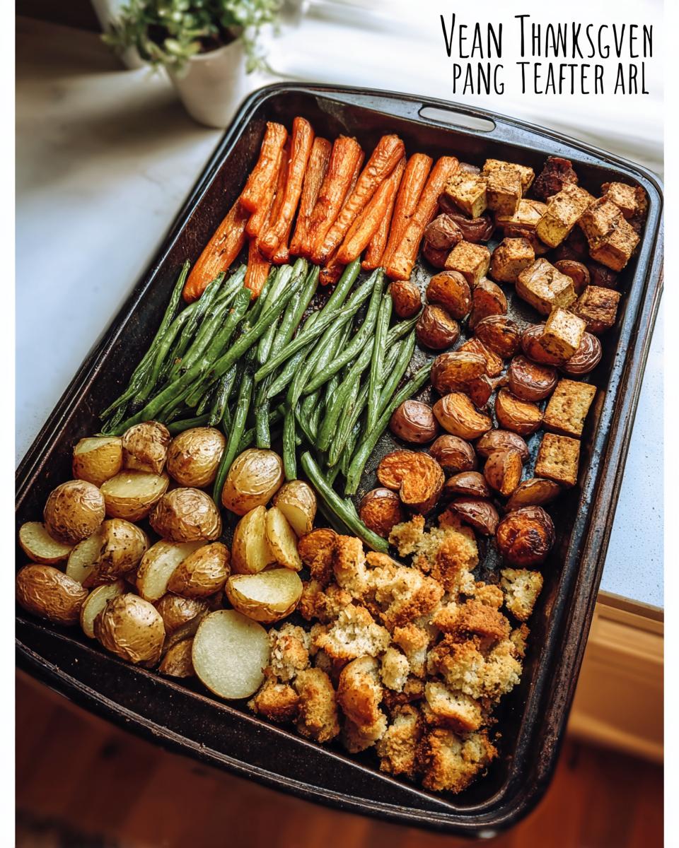 A rustic one-pan Thanksgiving veggie tray featuring roasted carrots, green beans, potatoes, tofu, and stuffing.