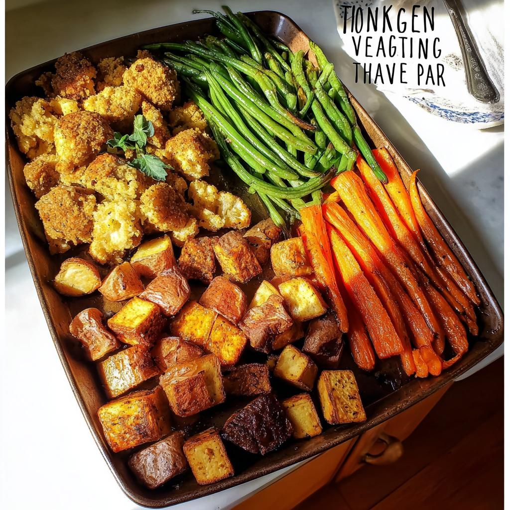A colorful and delicious One-Pan Thanksgiving Veggie Tray featuring roasted potatoes, carrots, green beans, and breaded cauliflower.
