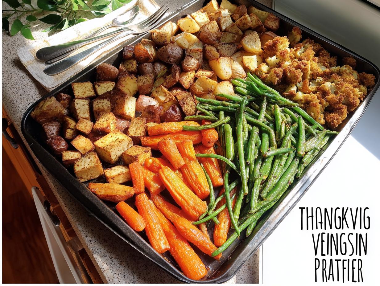 A colorful one-pan Thanksgiving veggie tray featuring roasted potatoes, carrots, green beans, tofu, and cauliflower.