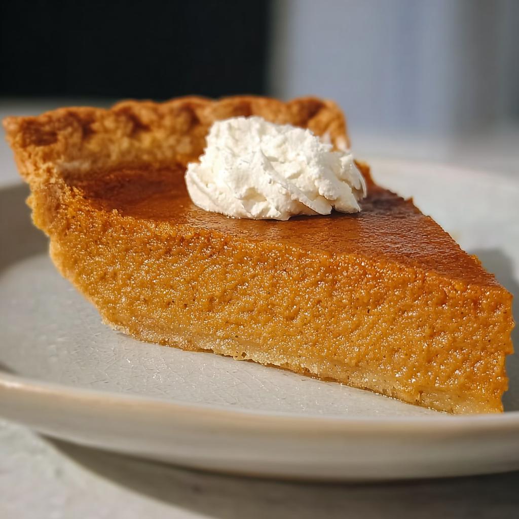 A close-up of a slice of pumpkin pie, a classic Thanksgiving dessert, topped with whipped cream.