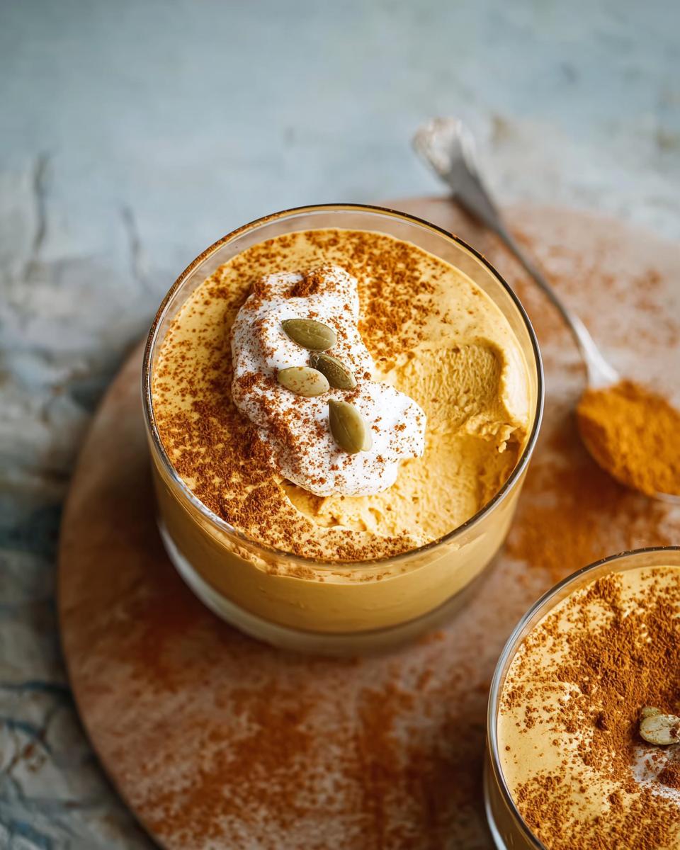 A creamy pumpkin mousse dessert topped with whipped cream, pumpkin seeds, and cinnamon, perfect for Thanksgiving Desserts in 20 Minutes.