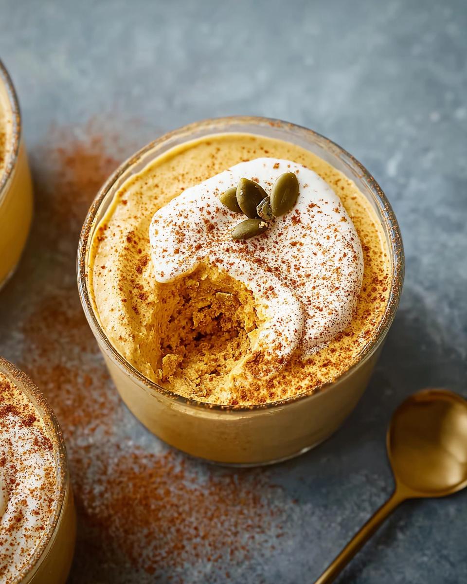 Close-up of a creamy pumpkin mousse dessert in a glass, topped with whipped cream, pumpkin seeds, and cinnamon. Perfect for Thanksgiving Desserts in 20 Minutes.