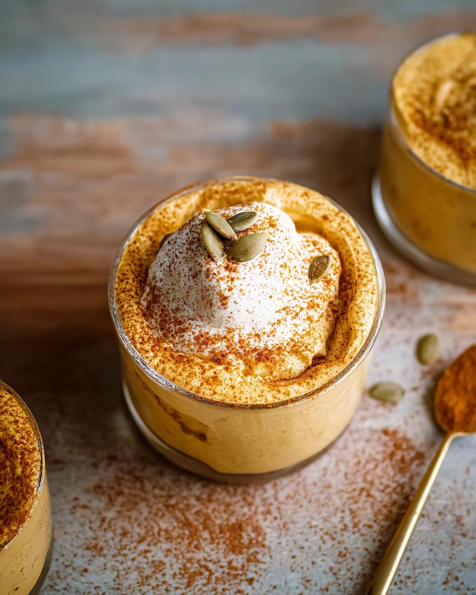 Close-up of a creamy pumpkin mousse dessert topped with whipped cream, cinnamon, and pumpkin seeds, perfect for Thanksgiving Desserts in 20 Minutes.