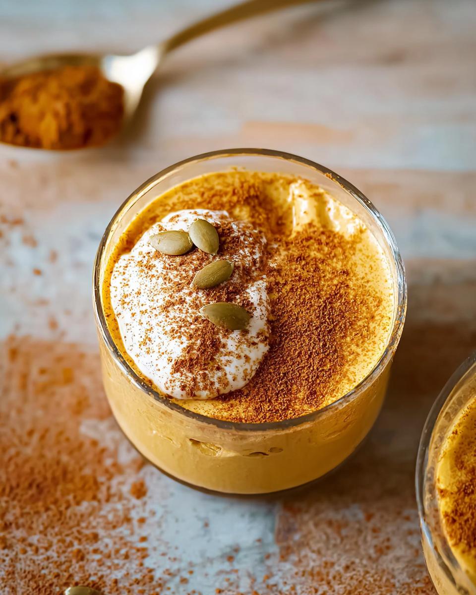 Close-up of a creamy pumpkin mousse dessert topped with whipped cream, pumpkin seeds, and cinnamon, perfect for Thanksgiving Desserts in 20 Minutes.