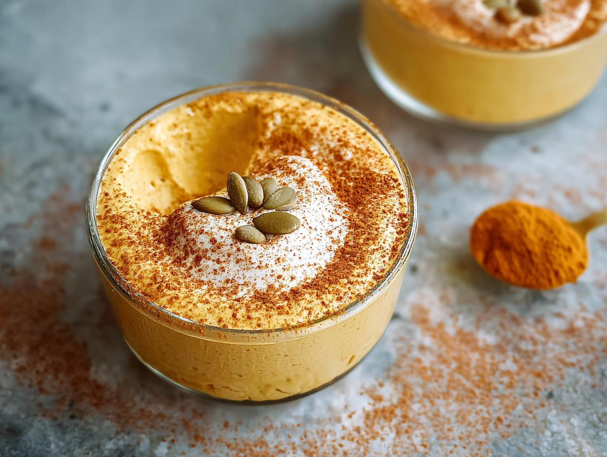 A creamy pumpkin mousse dessert topped with whipped cream, cinnamon, and pumpkin seeds, perfect for Thanksgiving desserts.