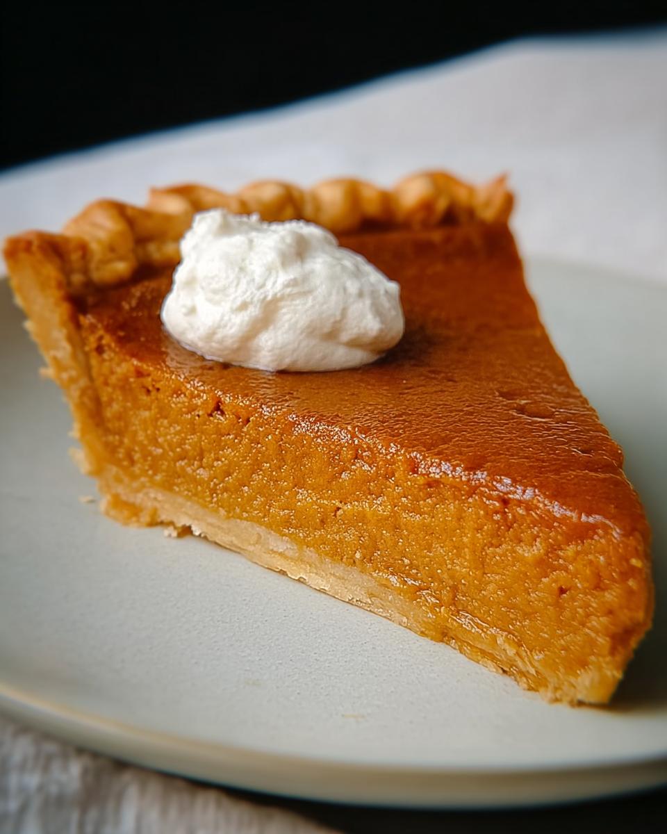 A close-up of a slice of classic pumpkin pie, a popular Thanksgiving dessert, topped with whipped cream.