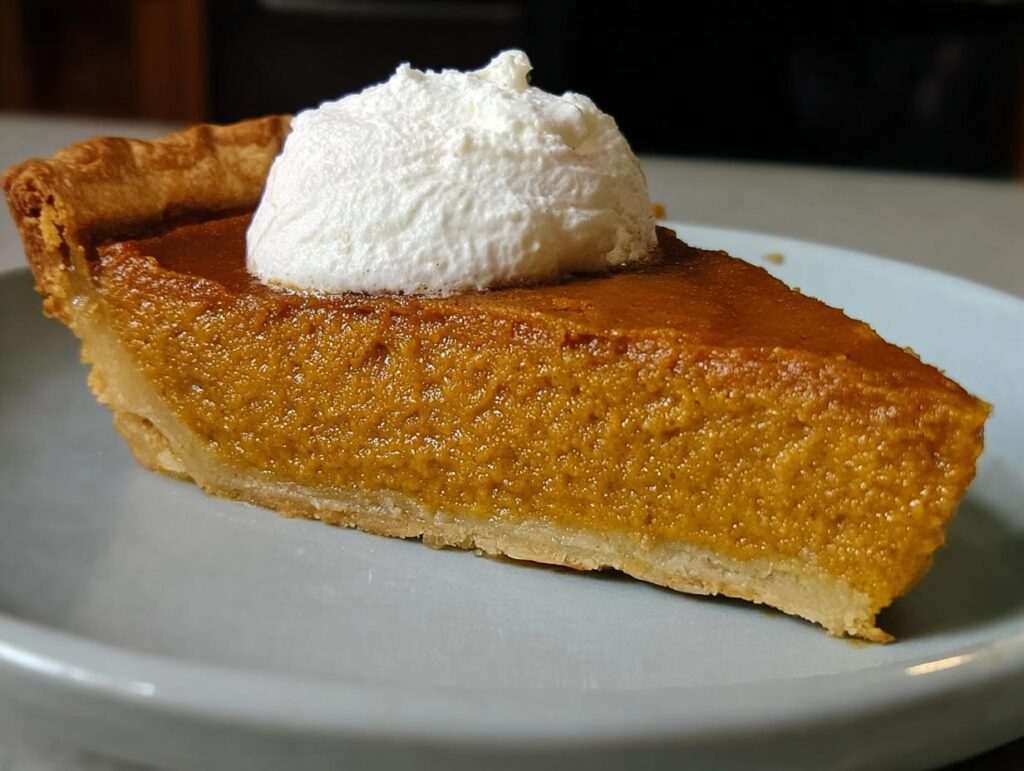 A perfect slice of pumpkin pie, a classic Thanksgiving dessert, topped with whipped cream.