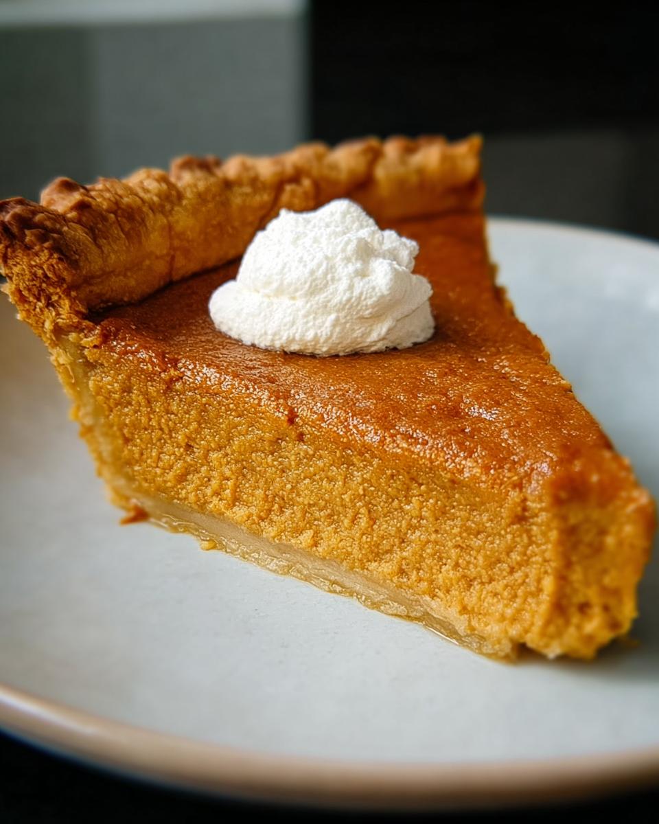 A slice of pumpkin pie with a dollop of whipped cream, a classic Thanksgiving dessert.