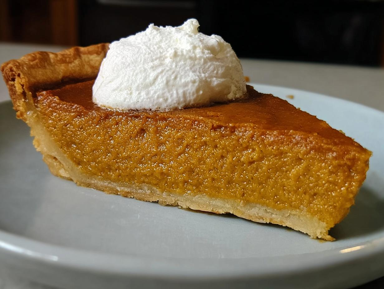 A perfect slice of pumpkin pie, a classic Thanksgiving dessert, topped with whipped cream.