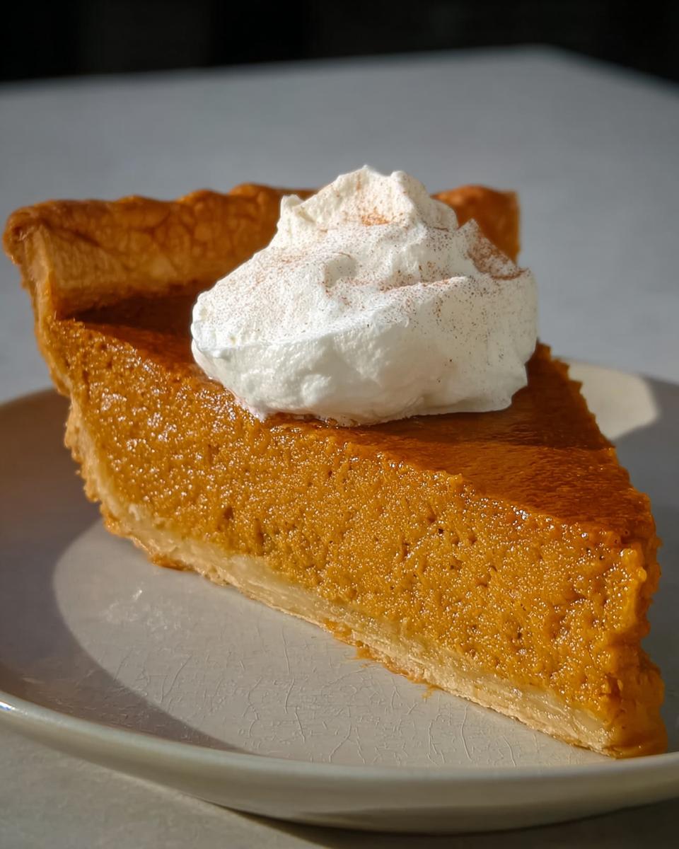 A slice of pumpkin pie topped with whipped cream and cinnamon, a perfect Thanksgiving Desserts Recipe.