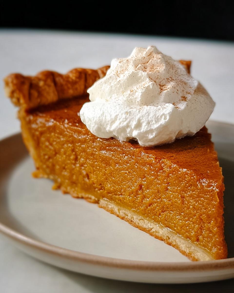 A close-up of a slice of pumpkin pie, topped with whipped cream and a sprinkle of cinnamon, perfect for Thanksgiving Desserts Recipe Everyone Asks For.