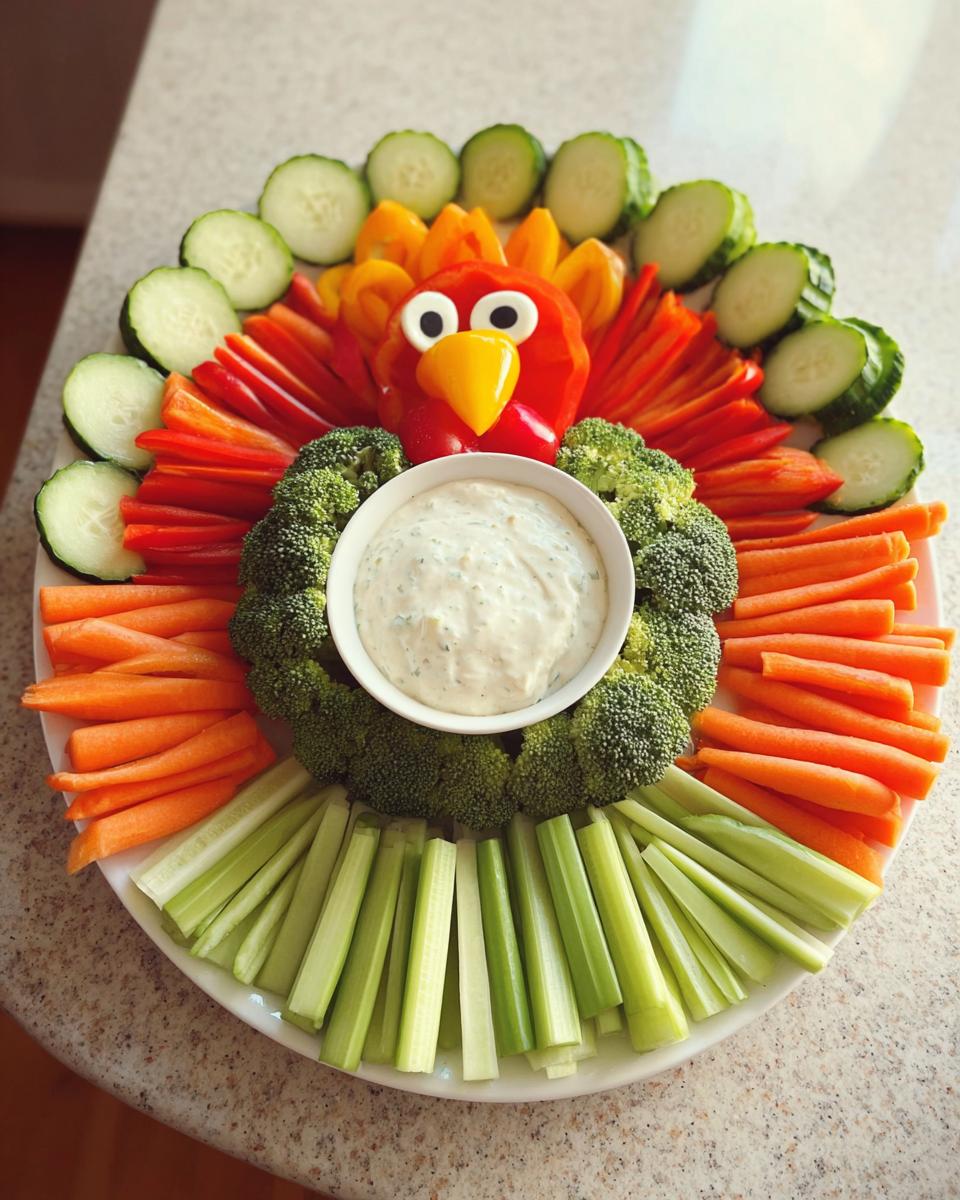 A festive Thanksgiving veggie tray recipe arranged in the shape of a turkey, featuring a variety of colorful vegetables and dip.