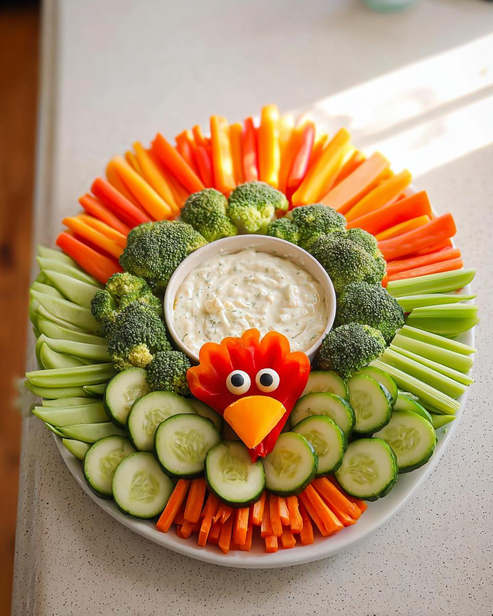 A festive Thanksgiving veggie tray recipe arranged in the shape of a turkey, featuring carrots, broccoli, cucumbers, celery, and dip.