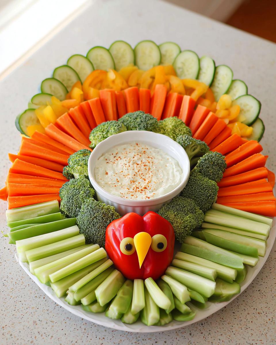 A festive Thanksgiving veggie tray recipe arranged in a turkey shape with various colorful vegetables and dip.