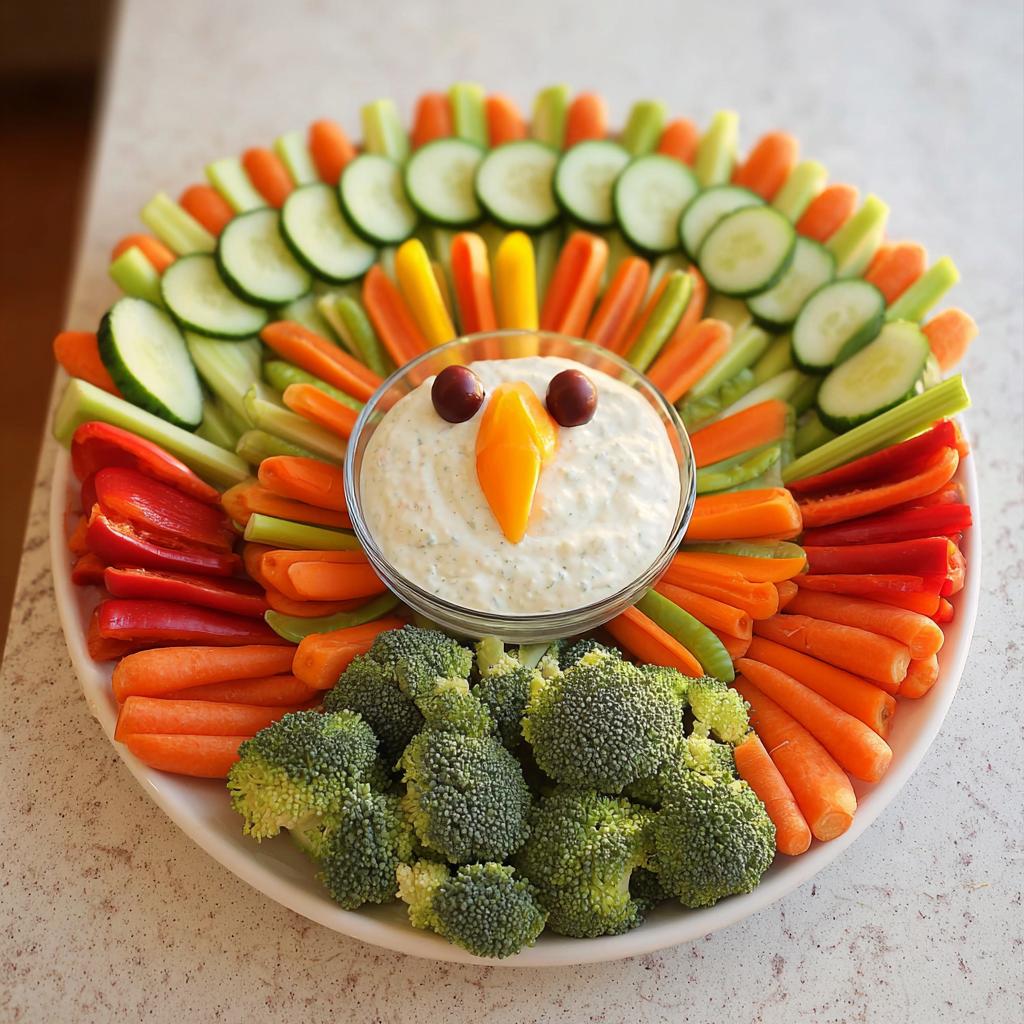 A festive Thanksgiving veggie tray recipe arranged in the shape of a turkey, featuring a variety of colorful raw vegetables and dip.