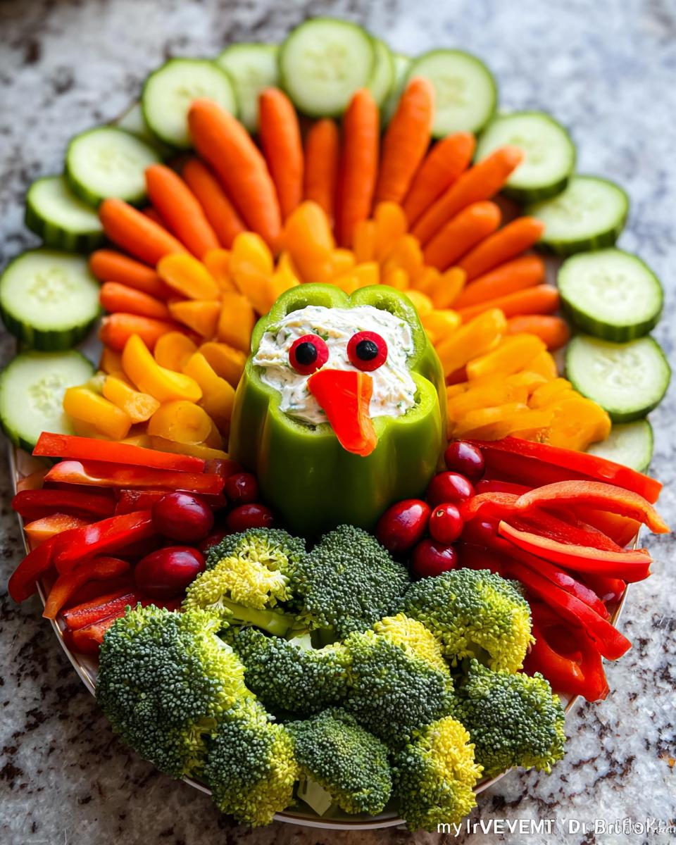 A fun Thanksgiving veggie tray arranged in the shape of a turkey, featuring a bell pepper head filled with dip and various colorful vegetables.