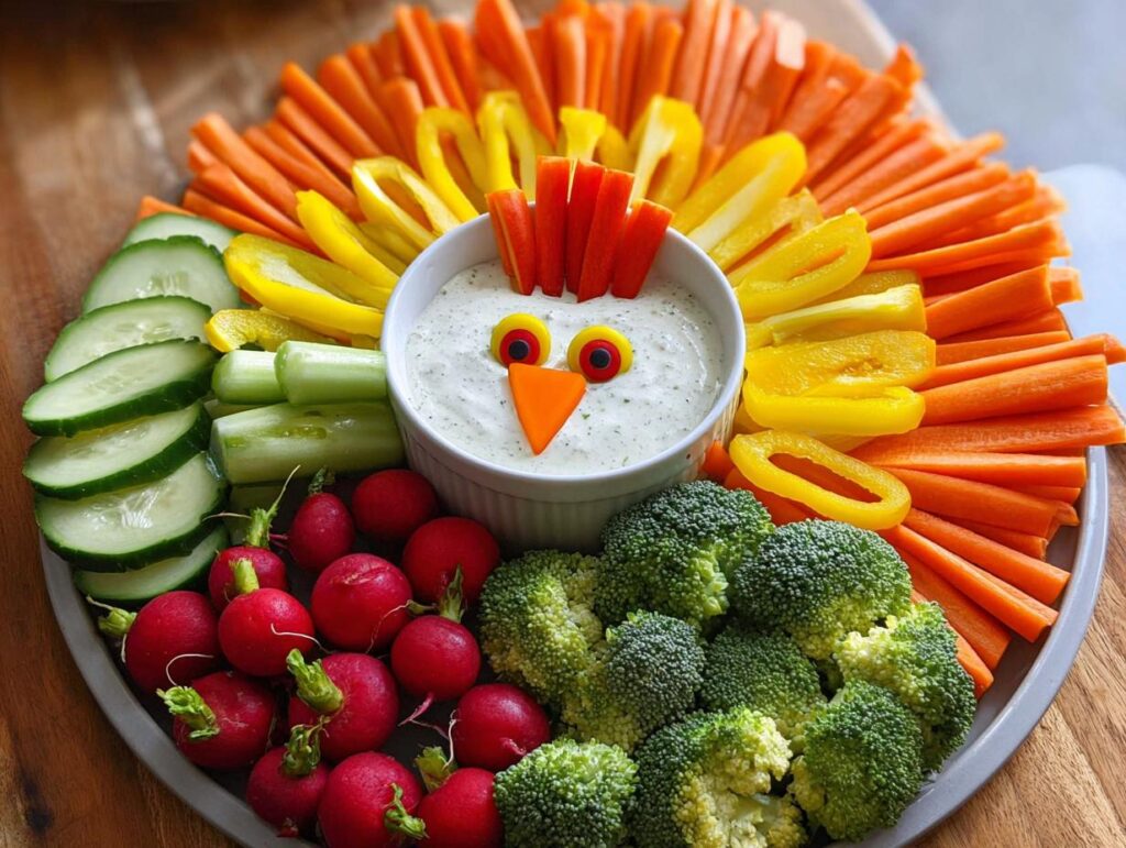 A Thanksgiving veggie tray arranged in the shape of a turkey, featuring carrots, bell peppers, cucumbers, radishes, broccoli, and dip.