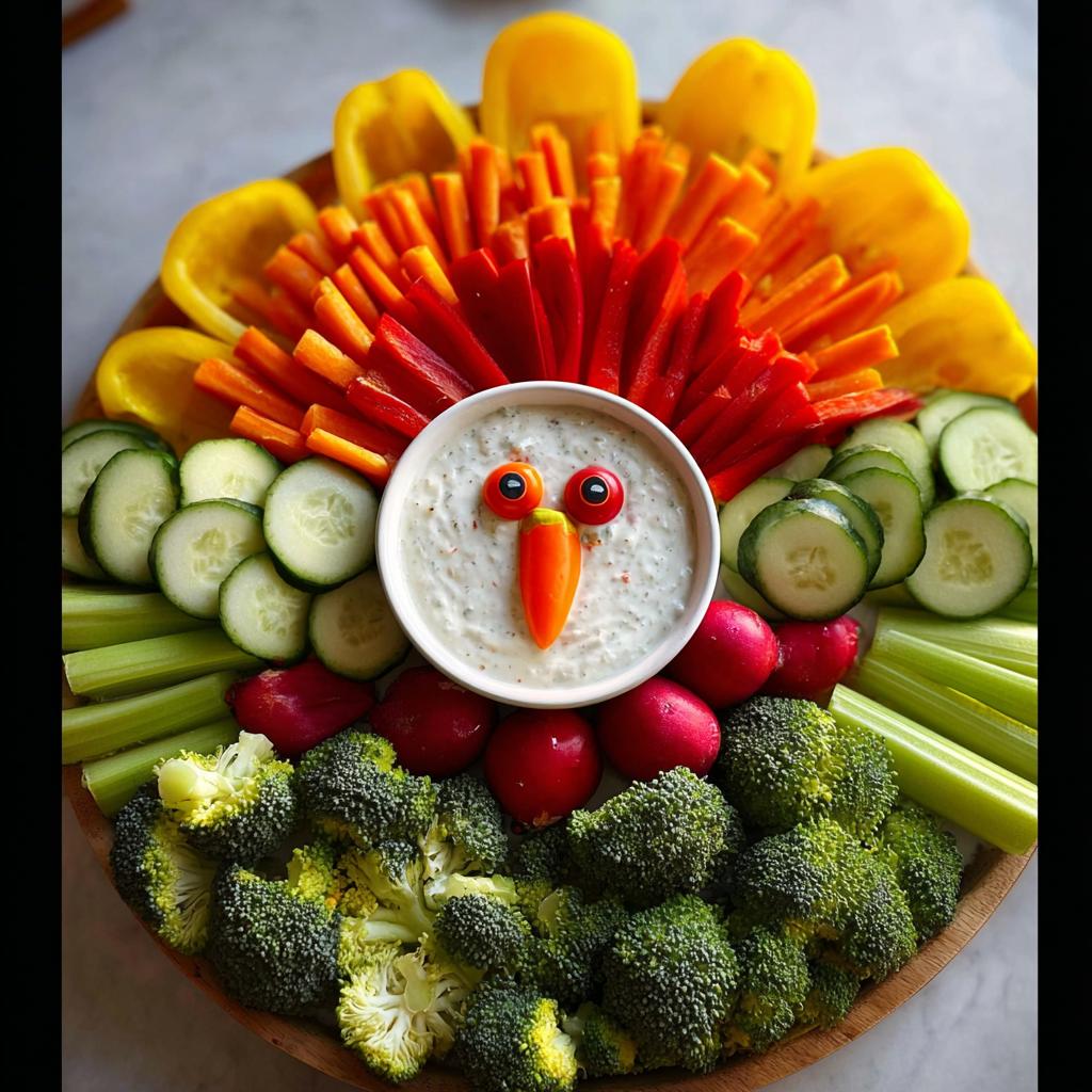 A Thanksgiving veggie tray arranged in the shape of a turkey, featuring a dip bowl as the head and colorful vegetables for the body and feathers.