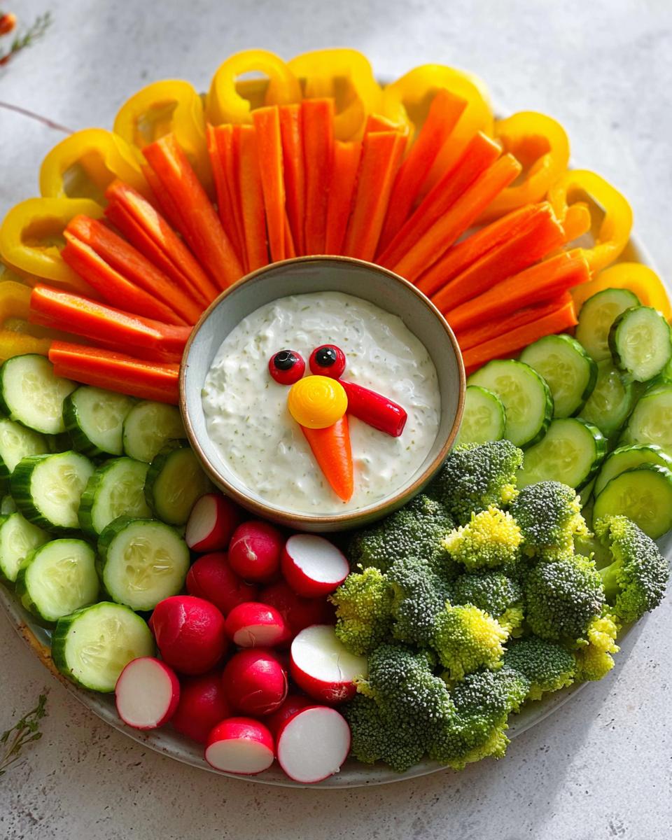 A Thanksgiving veggie tray arranged in the shape of a turkey, featuring various vegetables and a dip.