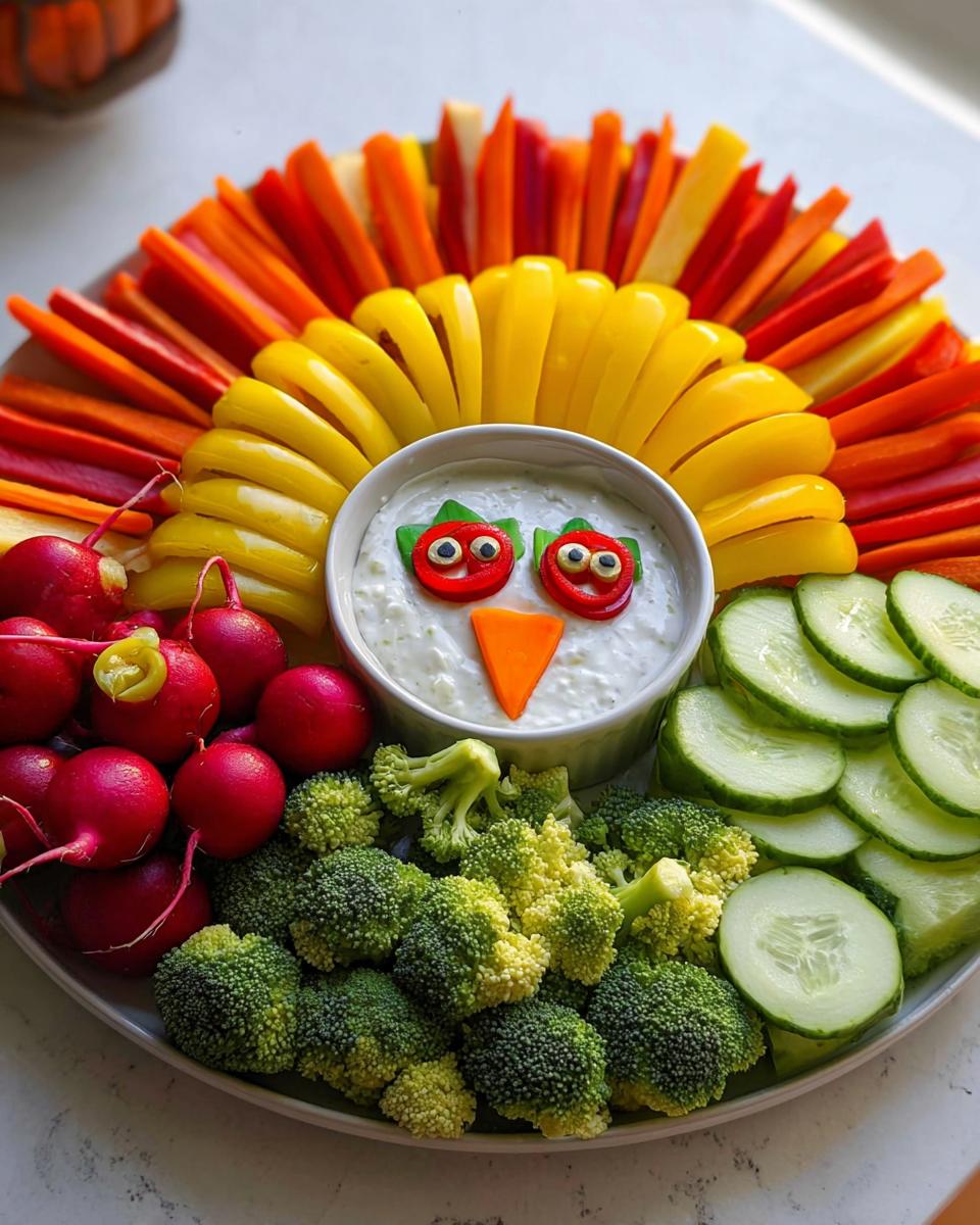 A Thanksgiving veggie tray arranged to look like a turkey, featuring colorful vegetable sticks, broccoli, radishes, and cucumber slices with a dip.