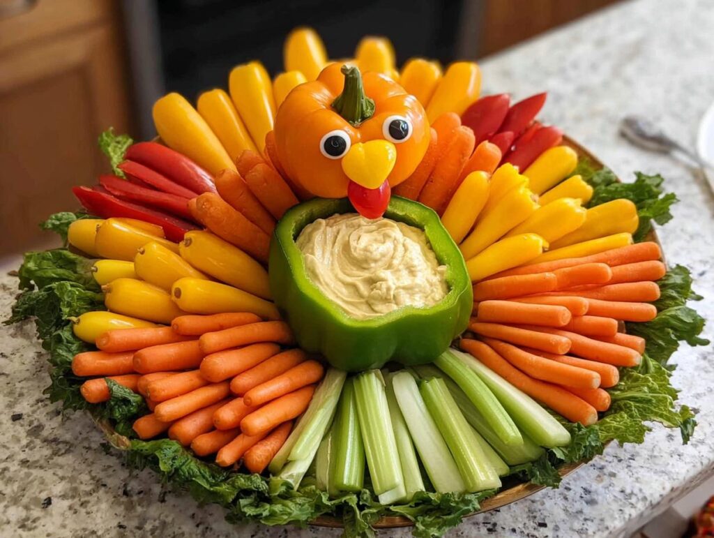 A Thanksgiving Veggie Tray arranged in the shape of a turkey, featuring carrots, bell peppers, celery, and hummus.
