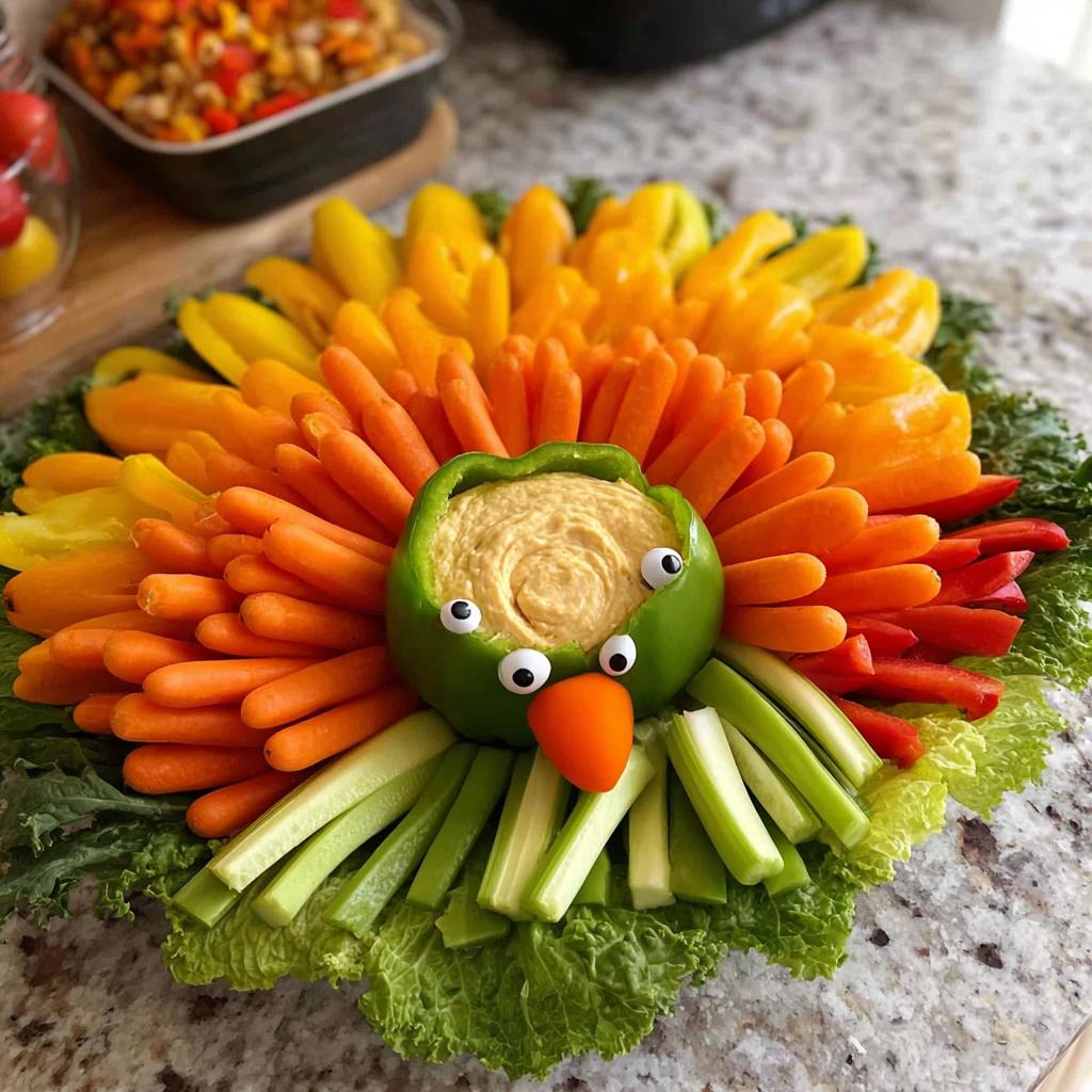 A fun Thanksgiving Veggie Tray shaped like a turkey, featuring colorful vegetables and hummus.