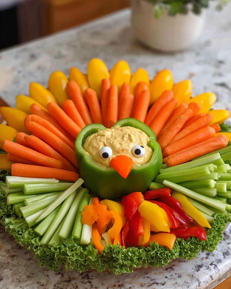 A festive Thanksgiving veggie tray arranged in the shape of a turkey, featuring carrots, celery, bell peppers, and hummus.