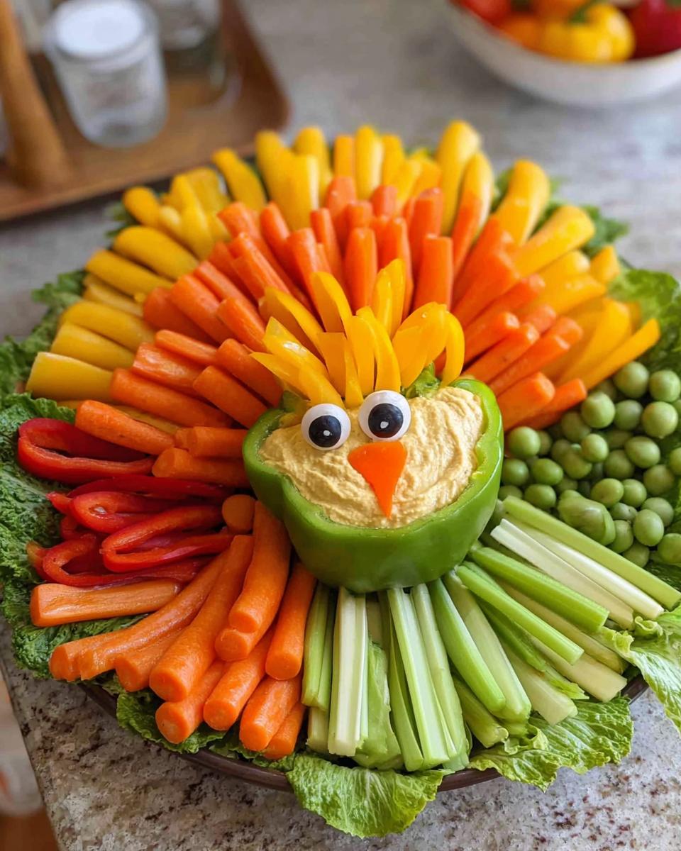A festive Thanksgiving veggie tray shaped like a turkey, featuring colorful vegetable sticks and hummus.