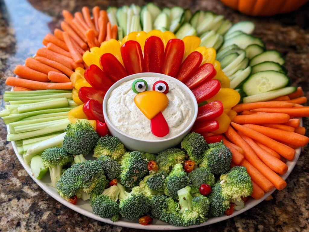 A festive turkey-shaped veggie tray for a Restaurant-Style Thanksgiving Veggie Tray at Home, featuring a dip bowl head and colorful vegetable 'feathers'.