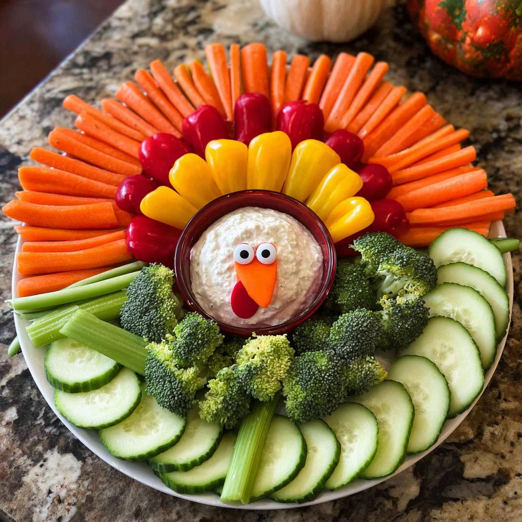 A festive Thanksgiving veggie tray arranged to look like a turkey, featuring carrots, bell peppers, broccoli, celery, and cucumber around a bowl of dip.