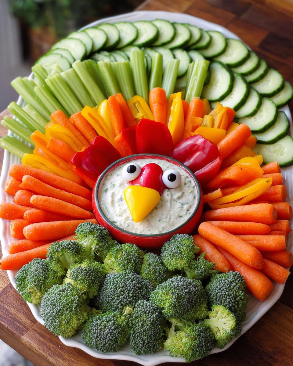 A fun turkey-shaped veggie tray for Thanksgiving, featuring carrots, celery, bell peppers, broccoli, and cucumber with dip.
