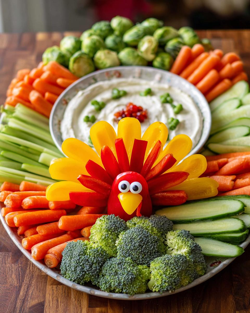 A festive Thanksgiving veggie tray arranged like a turkey, featuring a variety of fresh vegetables and dip.
